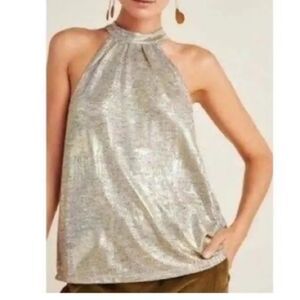 Anthropologie Sunday Brooklyn Nadia Shimmer Halter Going Out Top Gold Metallic